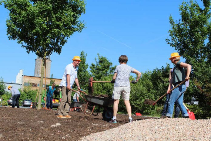 ENTEGA-Mitarbeiterinnen und Mitarbeiter legen eine Wildblumenwiese auf dem Firmengelänge an. (Foto: ENTEGA)